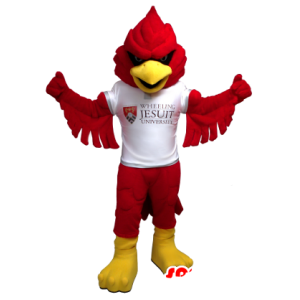 Mascotte d'oiseau rouge et jaune, avec un t-shirt blanc - MASFR21363 - Mascotte d'oiseaux