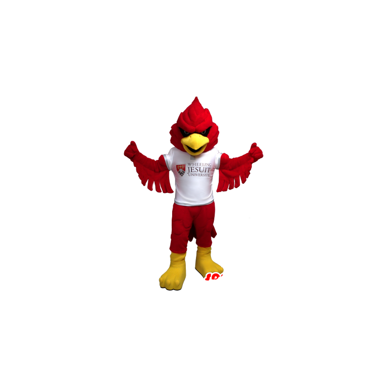 Mascot pájaro rojo y amarillo, con una camisa blanca - MASFR21363 - Mascota de aves