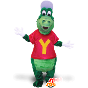Grön krokodilmaskot med keps och t-shirt - Spotsound maskot