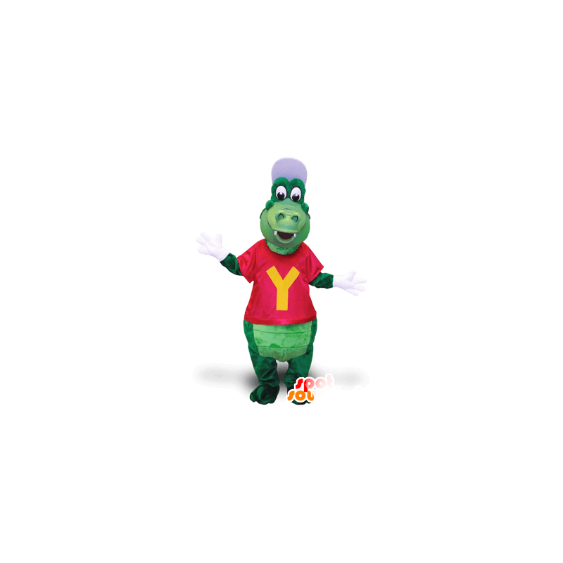 Mascote crocodilo verde, com um boné e uma t-shirt - MASFR21382 - crocodilos mascote
