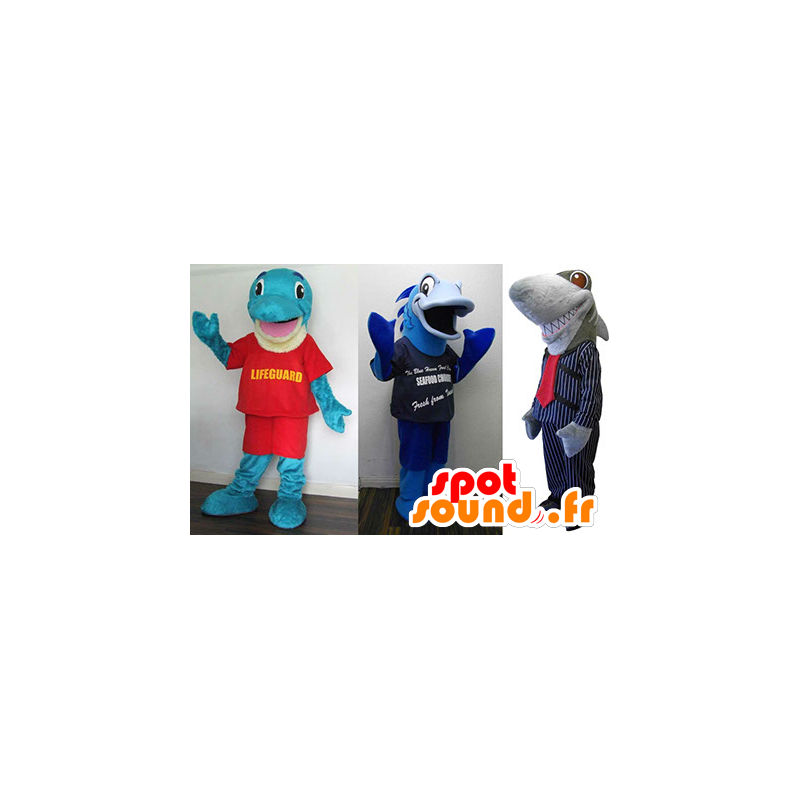 3 mascottes : un dauphin bleu, un poisson bleu et un requin gris - MASFR21383 - Mascottes Dauphin