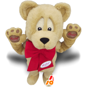 Mascot beige bear with a red bow, teddy mascot - MASFR21396 - Bear mascot