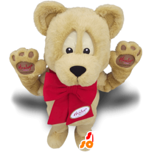 Maskot beige bjørn med en rød sløyfe, teddy maskot - MASFR21396 - bjørn Mascot