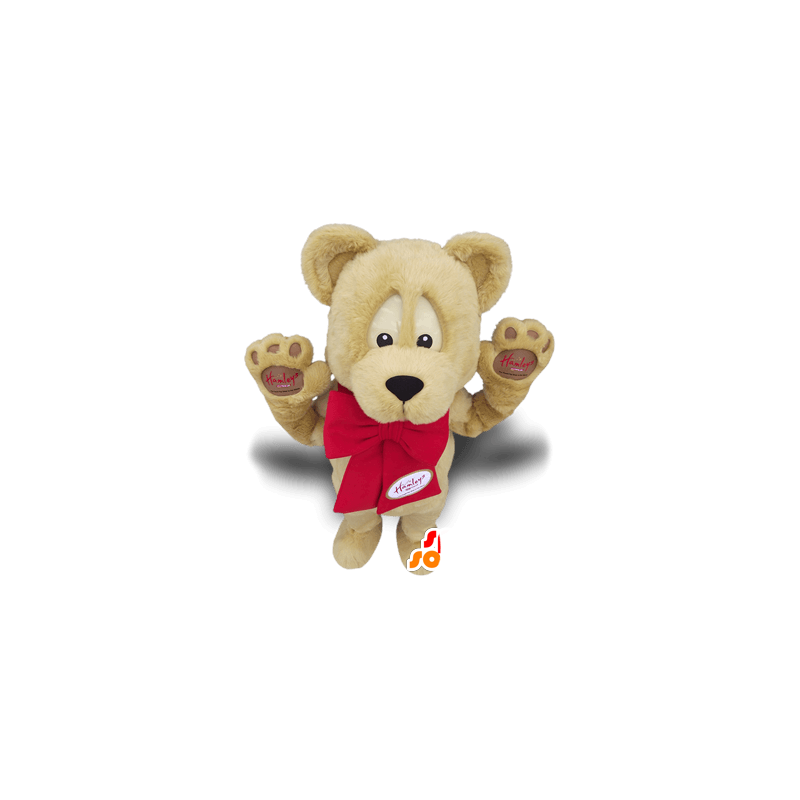 Mascot beige bear with a red bow, teddy mascot - MASFR21396 - Bear mascot