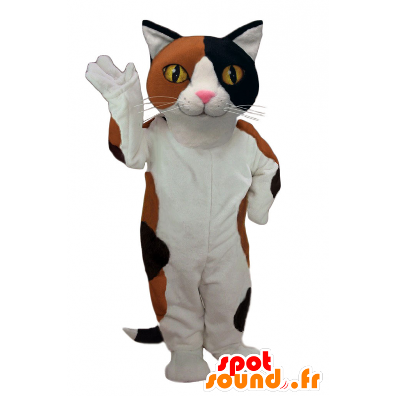 Witte kat mascotte, zwart en bruin, zeer succesvol - MASFR21402 - Cat Mascottes Witte kat mascotte, zwart en bruin, zeer succesvol - MASFR21402 - Cat Mascottes
