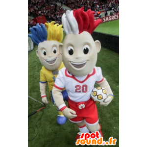 Två fotbollsspelare maskotar, med färgat hår - Spotsound maskot