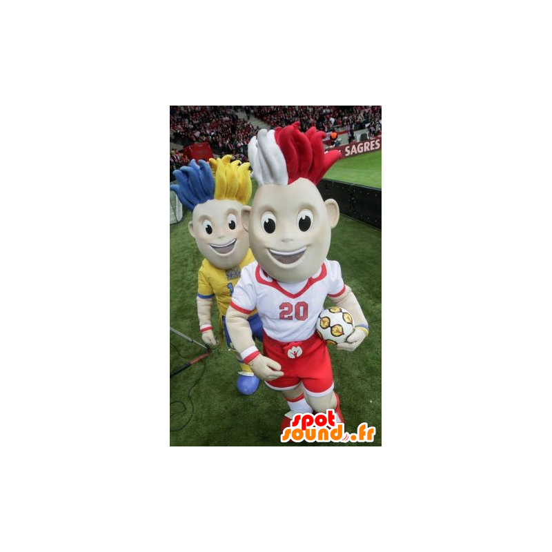 Två fotbollsspelare maskotar, med färgat hår - Spotsound maskot
