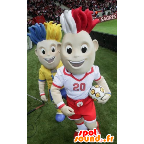 Två fotbollsspelare maskotar, med färgat hår - Spotsound maskot
