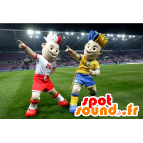 Två fotbollsspelare maskotar, med färgat hår - Spotsound maskot