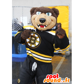 Brun bjørnemaskot ser hård ud, i sportstøj - Spotsound maskot
