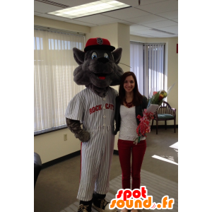 Gray cat mascot in baseball outfit - MASFR21420 - Cat mascots