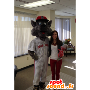 Mascotte de chat gris en tenue de baseball - MASFR21420 - Mascottes de chat