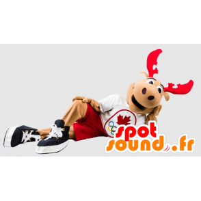 Caribou Maskottchen der Dynamik braun mit rotem Holz - Waldtiere - MASFR21421 - SpotSound.fr