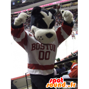 Black and white dog mascot dressed red and white - MASFR21423 - Dog mascots