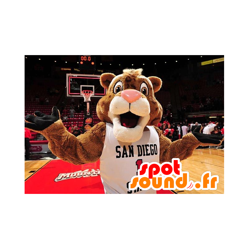 Brown and white tiger mascot with a white sports jersey - MASFR21424 - Tiger mascots Brown and white tiger mascot with a white sports jersey - MASFR21424 - Tiger mascots