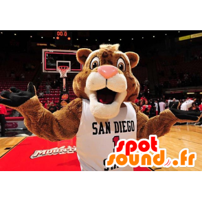 Brown and white tiger mascot with a white sports jersey - MASFR21424 - Tiger mascots
