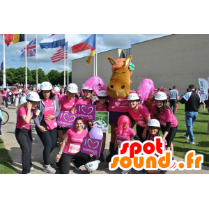 Maskot hnědá a růžová kůň hříbě v růžovém oblečení - MASFR21427 - kůň maskoti