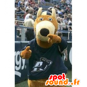 A brown bear mascot with a blue shirt - MASFR21433 - Bear mascot