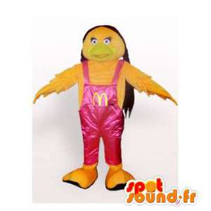 ピンクのオーバーオールの黄色い鳥のマスコット-MASFR006461-鳥のマスコット