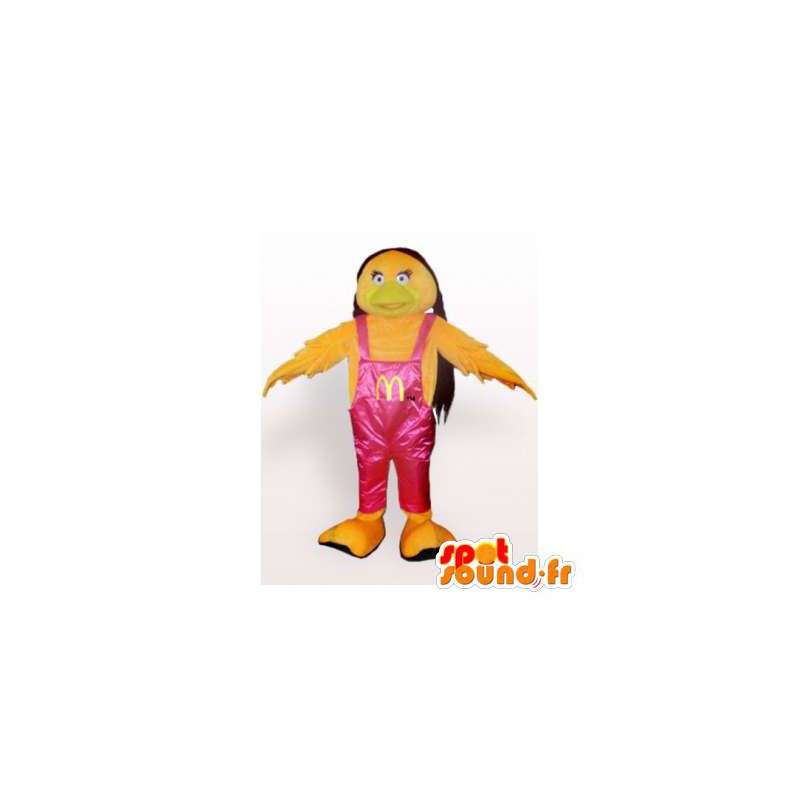 Gele vogel mascotte in roze overall - MASFR006461 - Mascot vogels