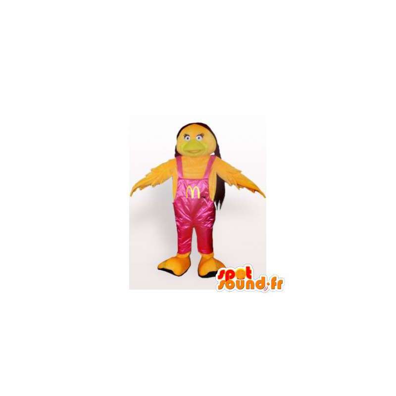 Gul fuglemaskot i lyserøde overalls - Spotsound maskot kostume