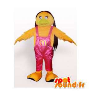 Gele vogel mascotte in roze overall - MASFR006461 - Mascot vogels