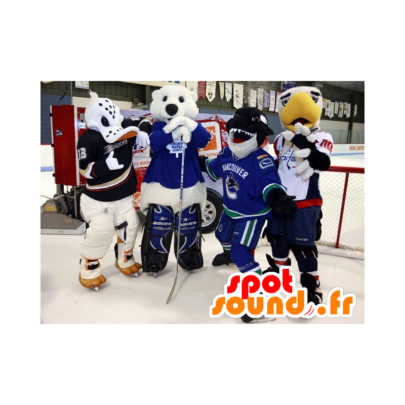 4 mascots: a duck, a shark, a bear and a bird - MASFR21434 - Ducks mascot 4 mascots: a duck, a shark, a bear and a bird - MASFR21434 - Ducks mascot