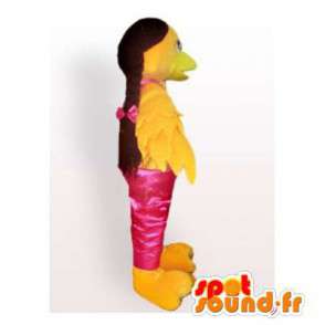 Mascotte d'oiseau jaune en salopette rose - MASFR006461 - Mascotte d'oiseaux