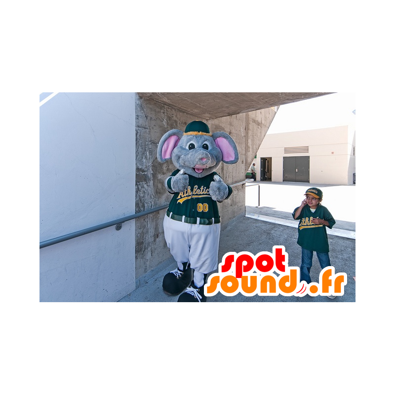 Cinza mascote rato, elefante cinzento vestido em esportes verdes - MASFR21443 - Elephant Mascot