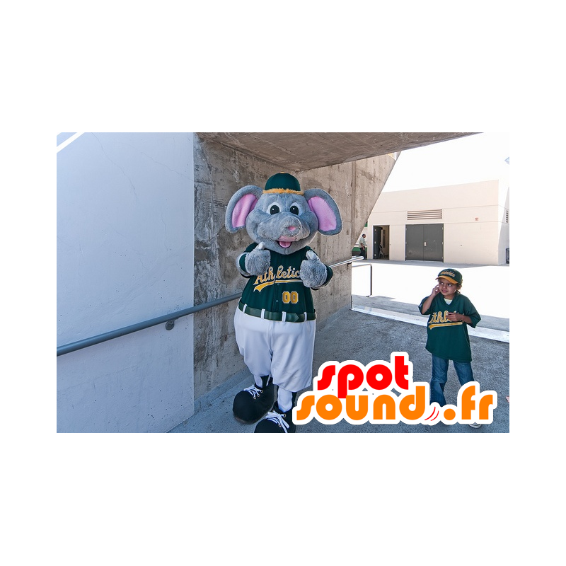 Gray mouse mascot, gray elephant dressed in green sports - MASFR21443 - Elephant mascots