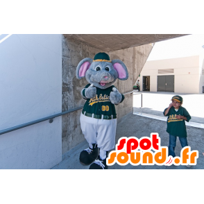 Gray mouse mascot, gray elephant dressed in green sports - MASFR21443 - Elephant mascots