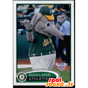 Gray mouse mascot, gray elephant dressed in green sports - MASFR21443 - Elephant mascots