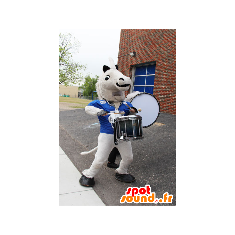 Blanco crema mascota caballo con una camiseta deportiva azul - MASFR21445 - Caballo de mascotas Blanco crema mascota caballo con una camiseta deportiva azul - MASFR21445 - Caballo de mascotas