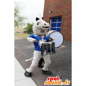White horse mascot cream with a blue sports jersey - MASFR21445 - Mascots horse
