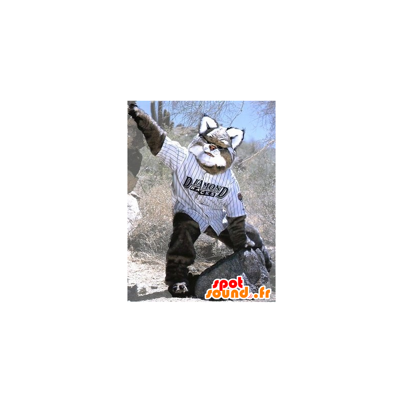 Mascot grå og hvit gaupe, gigantisk hårete - MASFR21454 - Fox Maskoter