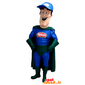 Mascote super-herói no equipamento azul e verde - MASFR21457 - super-herói mascote