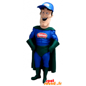 Superheltmaskot i blåt og grønt tøj - Spotsound maskot kostume