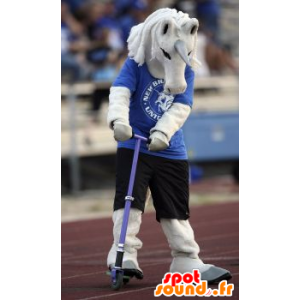 White unicorn mascot in blue and black outfit - MASFR21462 - Missing animal mascots