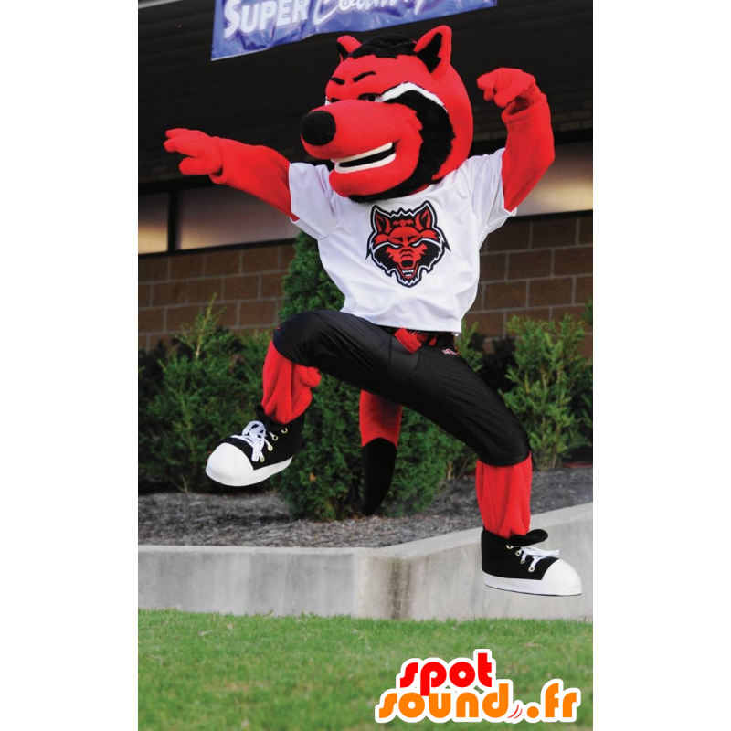 Cat mascot, red wolf, black and white - MASFR21467 - Mascots Wolf