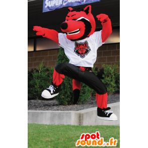 Cat mascot, red wolf, black and white - MASFR21467 - Mascots Wolf