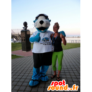Mascot blauwe en witte zee leeuw met korte broek en een t-shirt - MASFR21470 - mascottes Seal