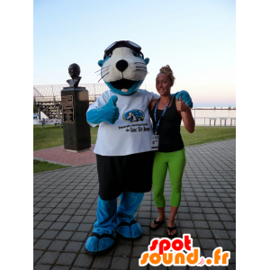 Mascote do leão de mar azul e branco com calções e uma t-shirt - MASFR21470 - mascotes Seal