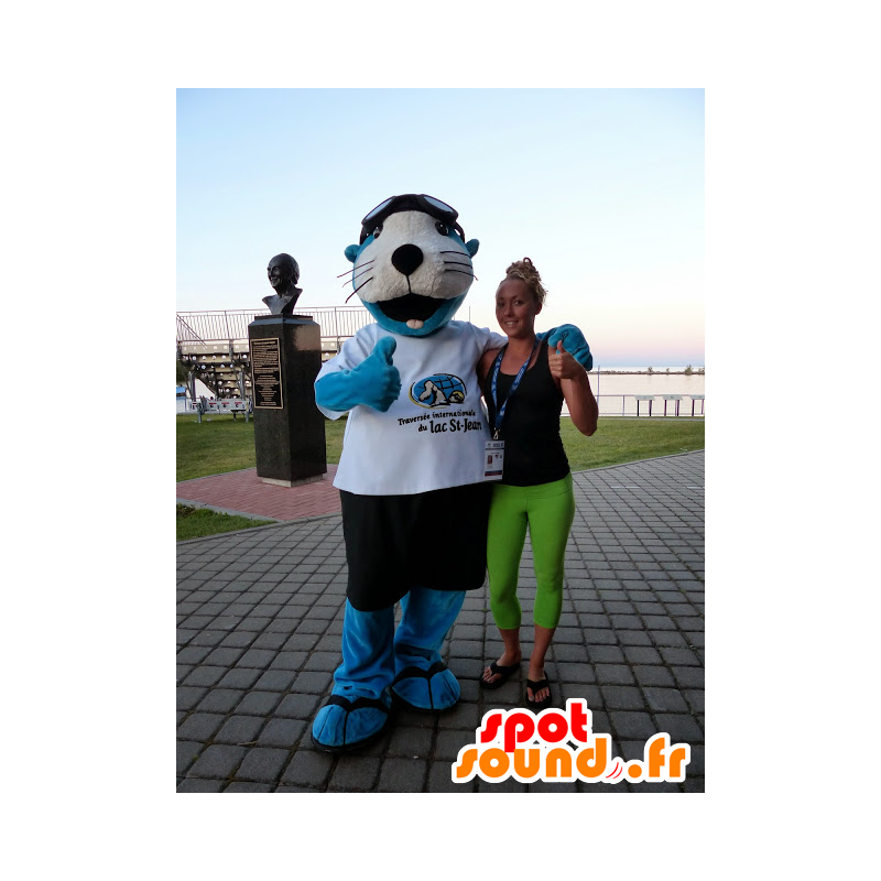 Mascot blauwe en witte zee leeuw met korte broek en een t-shirt - MASFR21470 - mascottes Seal