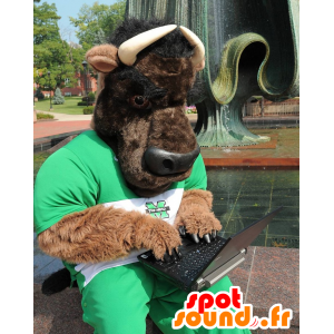 La mascota de color marrón y negro toro, búfalo, traje verde - MASFR21474 - Mascota de toro