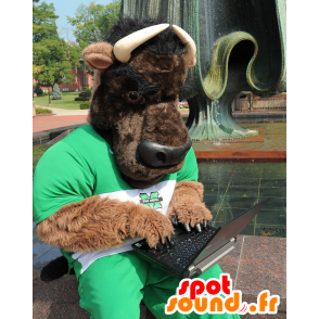 La mascota de color marrón y negro toro, búfalo, traje verde - MASFR21474 - Mascota de toro