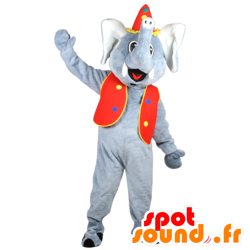 Grå elefantmaskot, i cirkusdräkt - Spotsound maskot