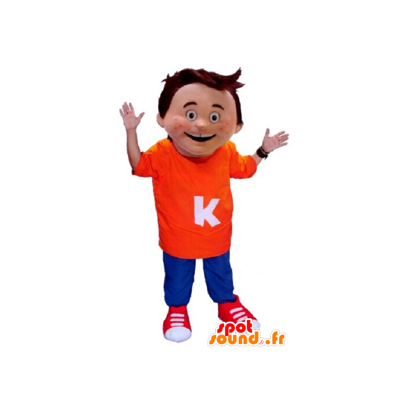 Mascot niño pequeño que llevaba un traje naranja y azul - MASFR21497 - Niño de mascotas