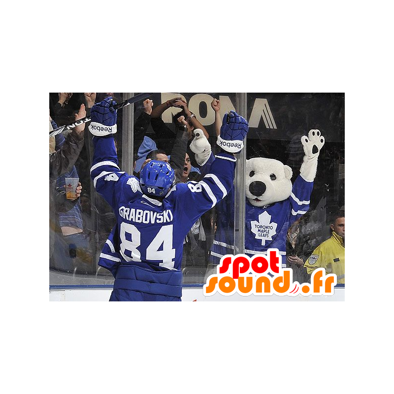 Mascotte d'ours blanc, d'ours polaire, en tenue de hockey - MASFR21498 - Mascotte d'ours