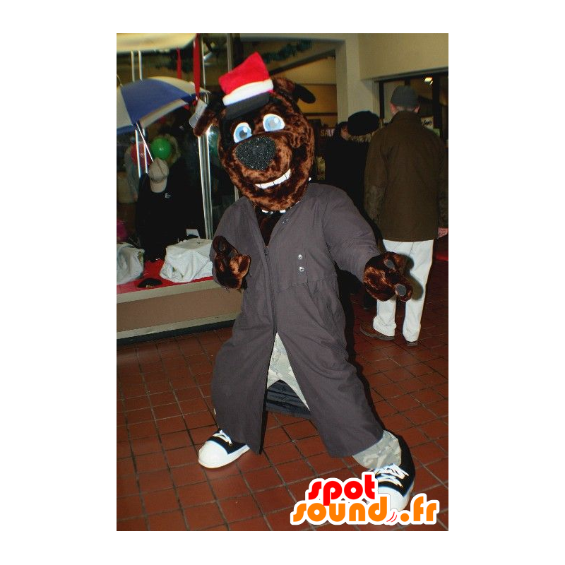 Mascotte de chien marron avec un long manteau gris et un bonnet - MASFR21499 - Mascottes de chien