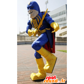Superheld mascotte houdt geel en blauw, met een cape - MASFR21508 - superheld mascotte